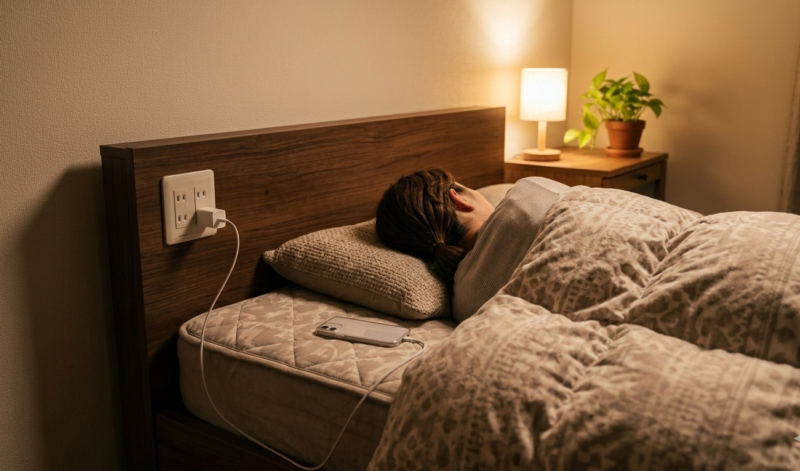 ベッドで眠る女性 枕元に充電中のスマートフォン